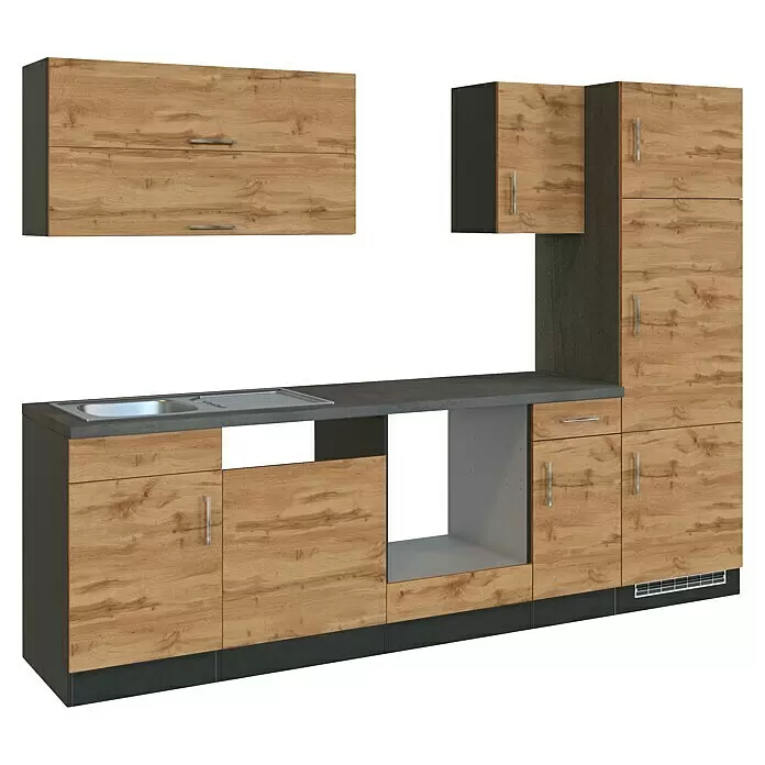 Held Möbel Küchenleerblock Barolo Typ 4 - Breite: 270 cm, Wotaneiche, Farbe Korpus: Graphitgrau, Ohne Elektrogeräte - Modulare Küchenzeile mit hellen Holzschränken, dunkelgrauen Arbeitsplatten und Sockelleisten, Spüle, Gerätestellplatz und Hochschrank.