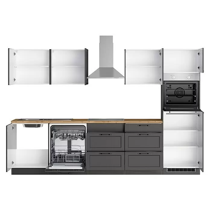 Held Möbel Küchenzeile Padua Typ 1 - Breite: 300 cm, Grau, Induktionskochfeld, Mit Elektrogeräten - Moderne grau-weiße Küchenzeile mit Holzplatte, offenen Schränken, Spüle, Geschirrspüler, Ofen und Dunstabzugshaube.