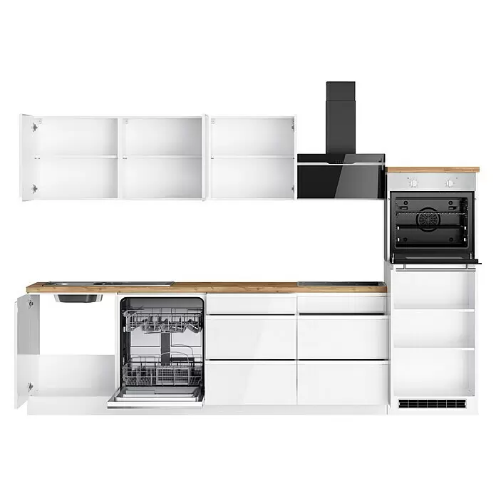 Held Möbel Küchenzeile Treviso Typ 1 - Breite: 300 cm, Weiß, Dekor Arbeitsplatte: Holzoptik, Cerankochfeld, Mit Elektrogeräten - Moderne Küche mit weißen Unter- und Hängeschränken, Holz-Arbeitsplatte, Spüle, offenem Geschirrspüler, Kochfeld, offenem Backofen und schwarzer Dunstabzugshaube.