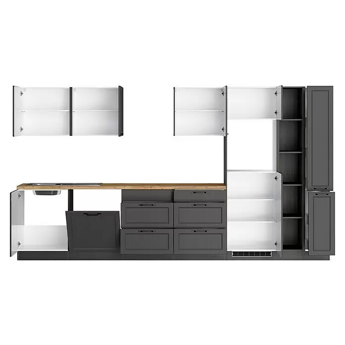 Held Möbel Küchenleerblock Padua - Breite: 360 cm, Grau, Ohne Elektrogeräte - Moderne grau-weiße Küchenschränke mit offenen Türen, Holztheke und Spüle. Bietet verschiedene Stauraummöglichkeiten.