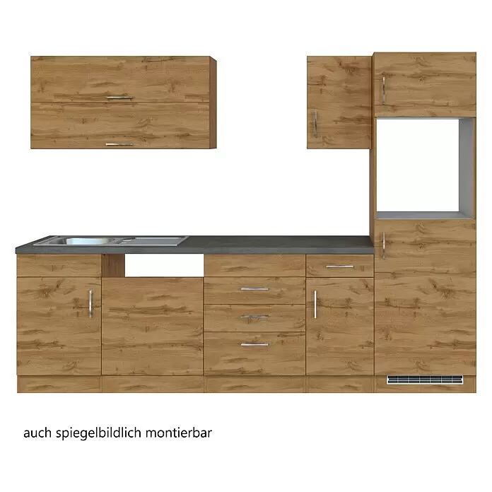 Held Möbel Küchenleerblock Barolo - Breite: 270 cm, Wotaneiche, Farbe Korpus: Wotaneiche, Ohne Elektrogeräte - Küchenzeile in Holzoptik mit dunkler Arbeitsplatte, Spüle, Ober- und Unterschränken, sowie integrierter Nische. Auch spiegelbildlich montierbar.