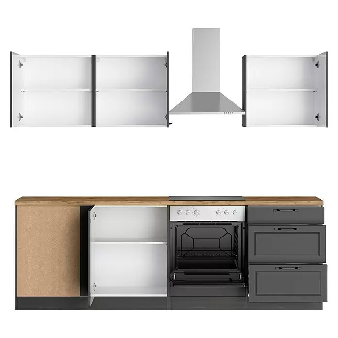 Held Möbel Winkelküche Padua Typ 2 - B x T: 240 x 240 cm, Grau, Mit Elektrogeräten - Modulare Küchenzeile mit offenen weißen Schränken, dunkelgrauen Schubladenfronten, integriertem Backofen, Kochfeld, Edelstahlhaube und Holztheke.