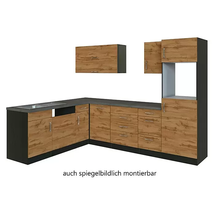 Held Möbel Winkelküche Barolo Typ 8 - B x T: 270 x 210 cm, Wotaneiche, Graphitgrau, Ohne Elektrogeräte - L-förmige Küchenzeile mit Holzdekorfronten, dunkelgrauem Sockel und Betonoptik-Arbeitsplatte, inklusive Spüle, Schubladen und Hochschrank.