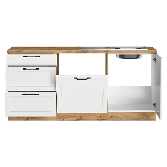 Held Möbel Küchenleerblock Padua Typ 2 - 240 x 360 cm, Weiß, Ohne Elektrogeräte - Weißer Küchenunterschrank mit Holzplatte, integrierter Spüle und weißen Schubladen/Türen mit schwarzen Griffen.