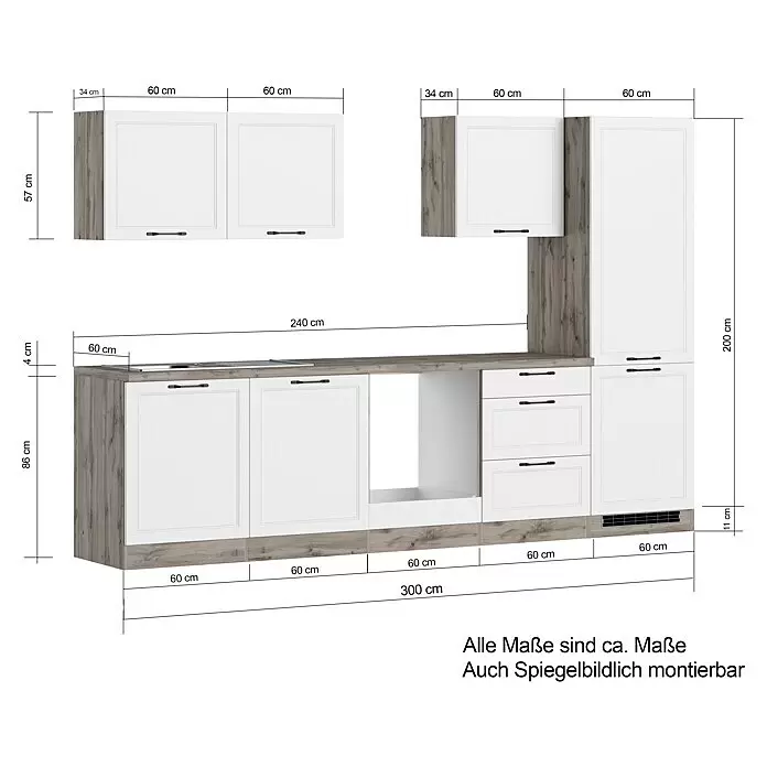 Held Möbel Küchenleerblock Padua - Breite: 300 cm, Weiß, Ohne Elektrogeräte, Für Einbaukühlschrank - Modulare Küchenschränke mit weißen Türen und Holzoptik-Rahmen/Arbeitsplatte, dargestellt mit Maßen für Ober-, Unter- und Hochschränke.