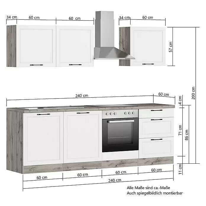 Held Möbel Küchenzeile Padua Typ 3 - Breite: 240 cm, Weiß, Mit Elektrogeräten - Weiße und holzfarbene Küchenzeile mit Spüle, Kochfeld, Backofen und Dunstabzugshaube, detailliert bemaßt.