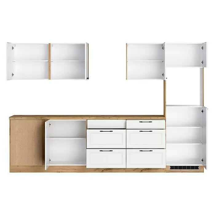 Held Möbel Küchenleerblock Padua Typ 1 - 240 x 300 cm, Weiß, Ohne Elektrogeräte - Weiße Küchenschränke mit hellen Holzoptik-Elementen, offene Türen und Schubladen zeigen Stauraum.