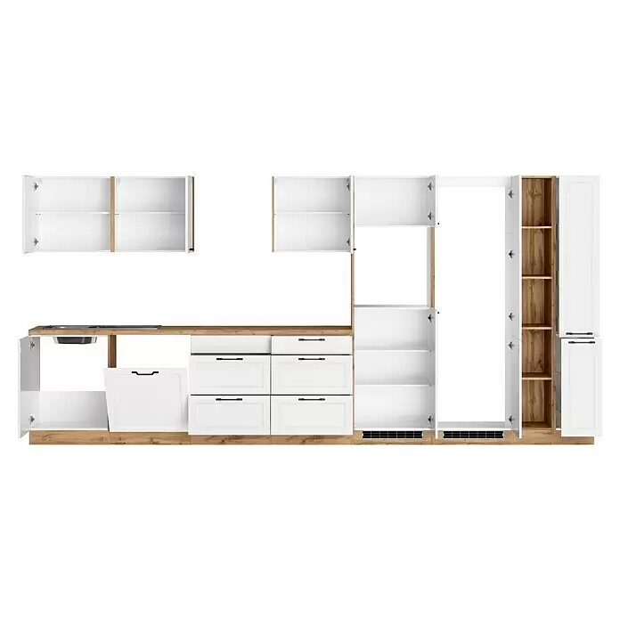 Held Möbel Küchenleerblock Padua - Breite: 420 cm, Farbe Front: Weiß, Ohne Elektrogeräte, Für Einbaukühlschrank - Komplettes weißes Küchenset mit Holzakzenten, integriertem Kochfeld und Spüle, mit offenen und geschlossenen Schränken und Schubladen.