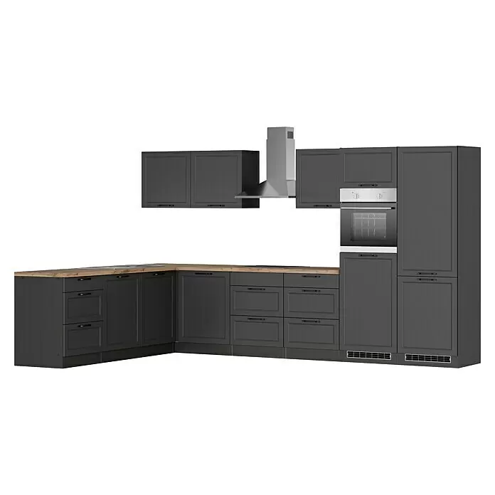 Held Möbel Winkelküche Padua Typ 2 - B x T: 360 x 240 cm, Grau, Mit Elektrogeräten, Cerankochfeld - L-förmige dunkelgraue Küche mit Holzplatten, integriertem Backofen und Dunstabzugshaube.