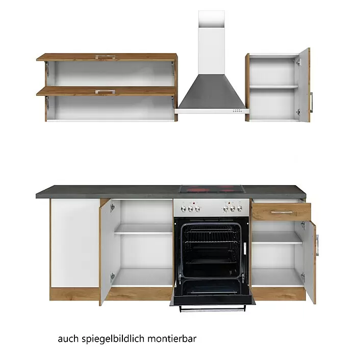 Held Möbel Winkelküche Barolo Typ 3 - B x T: 210 x 210 cm, Wotaneiche, Wotaneiche, Mit Elektrogeräten - Modulare Küchenzeile in Weiß, heller Holzoptik und Dunkelgrau, mit Backofen, Kochfeld und Schränken. Spiegelsymmetrisch montierbar.