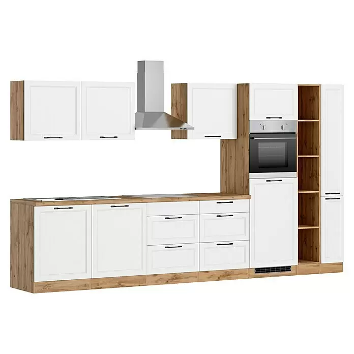 Held Möbel Küchenzeile Padua Typ 1 - Breite: 360 cm, Weiß, Induktionskochfeld, Mit Elektrogeräten - Moderne Küche in Weiß und Holzoptik mit Backofen, Kochfeld, Spüle und Dunstabzugshaube.