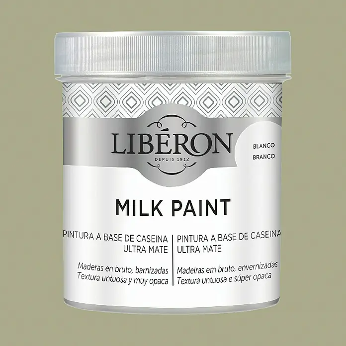 Libéron Pintura Milk paint - Caqui, 500 ml, Mate - Bote de pintura a la leche Liberon en blanco con información del producto en alemán, español y portugués.