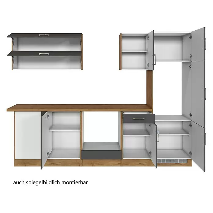 Held Möbel Winkelküche Barolo Typ 7 - B x T: 270 x 210 cm, Farbe Front: Anthrazit, Wotaneiche, Ohne Elektrogeräte - Modulares Schrankset mit Holzoptik-, Dunkelgrau- und Weiße-Elementen, mit offenen Schränken, einer Schublade und einer Arbeitsplatte.