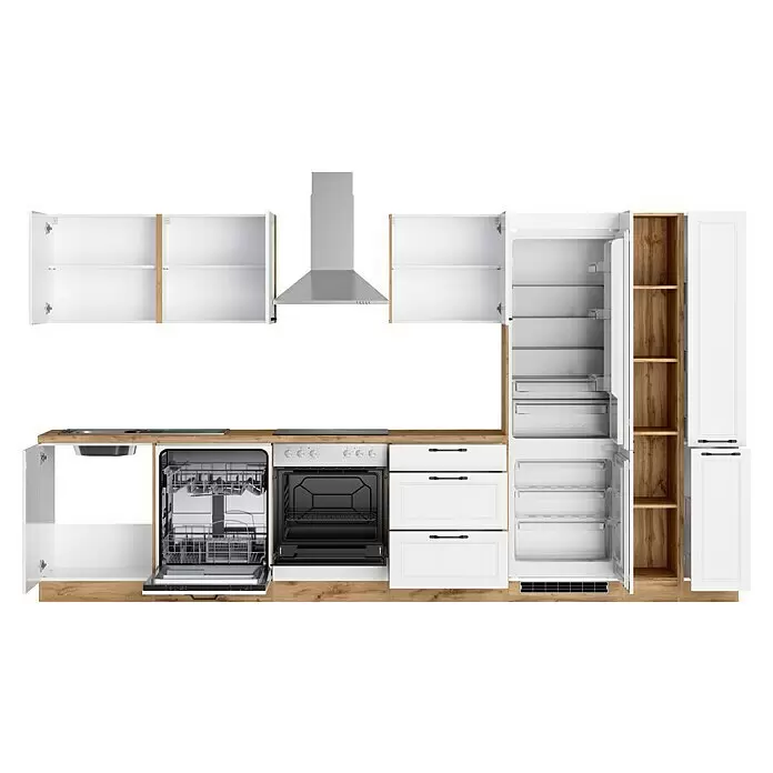 Held Möbel Küchenzeile Padua Typ 3 - Breite: 360 cm, Weiß, Mit Elektrogeräten - Modulare weiße Küche mit Holzelementen, integriertem Geschirrspüler, Backofen, Kochfeld, Dunstabzugshaube und Kühlschrank.