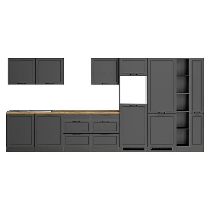 Held Möbel Küchenleerblock Padua - Breite: 420 cm, Farbe Front: Grau, Ohne Elektrogeräte, Für Einbaukühlschrank - Dunkelgraue Küchenzeile mit Holz-Arbeitsplatte, integriertem Kochfeld, Schränken, Schubladen und offenen Regalen.