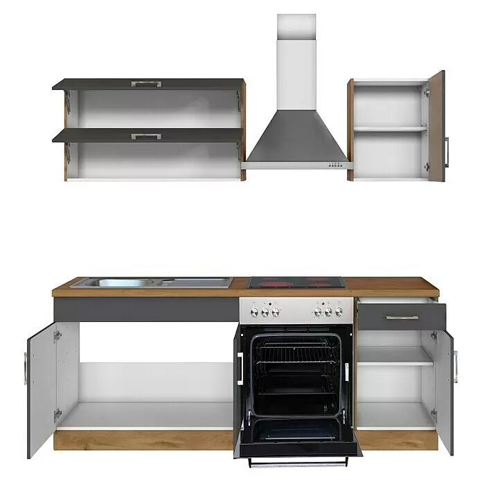 Held Möbel Küchenzeile Barolo Typ 1 - Breite: 210 cm, Anthrazit, Farbe Korpus: Wotaneiche, Mit Elektrogeräten - Modulküche: dunkelgraue Schränke, helle Holztheke, silberne Spüle, Kochfeld, Ofen, Dunstabzugshaube. Ofen und Schränke offen.