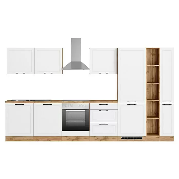 Held Möbel Küchenzeile Padua Typ 3 - Breite: 360 cm, Weiß, Mit Elektrogeräten - Weiße Küchenschränke mit Holzoptik-Details, integriertem Backofen, Spüle und Dunstabzugshaube.