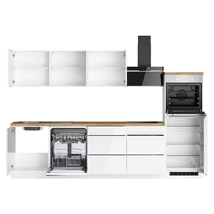 Held Möbel Küchenzeile Treviso Typ 3 - Breite: 300 cm, Weiß, Dekor Arbeitsplatte: Holzoptik, Induktionskochfeld, Mit Elektrogeräten - Weiße moderne Küche mit Holz-Arbeitsplatte, offenen Hängeschränken, integrierter Spüle, Geschirrspüler, Backofen, Kühlschrank, Induktionskochfeld und Dunstabzugshaube.