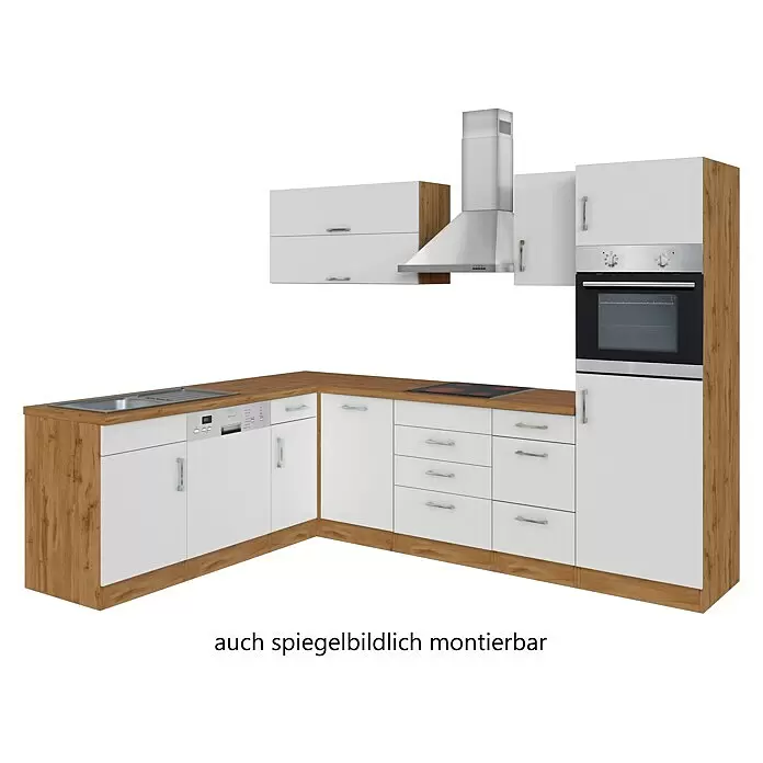 Held Möbel Winkelküche Barolo Typ 4 - B x T: 210 x 270 cm, Farbe Front: Weiß, Wotaneiche, Mit Elektrogeräten - L-förmige Küche mit weißen Schränken, Holz-Arbeitsplatte und integrierten Edelstahlgeräten: Spüle, Kochfeld, Backofen, Dunstabzugshaube.