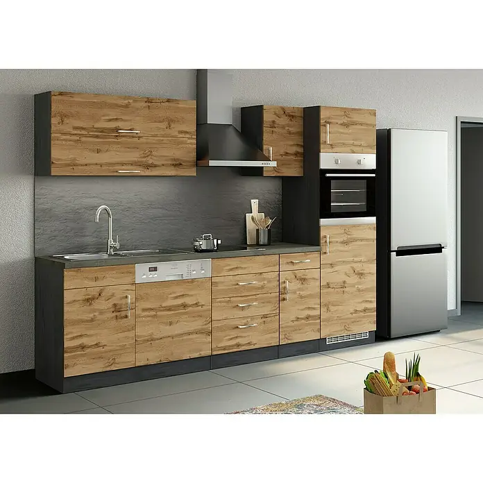 Held Möbel Küchenleerblock Barolo Typ 6 - Breite: 270 cm, Wotaneiche, Mit Elektrogeräten, Farbe Korpus: Graphitgrau - Die Küchenzeile mit Holzfronten, grauer Arbeitsplatte und Edelstahl-Kühlschrank bietet modernen Stauraum und Funktionalität für die Küche.