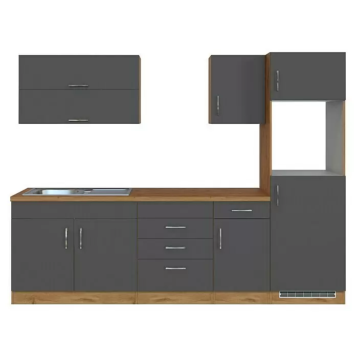 Held Möbel Küchenleerblock Barolo Typ 5 - Breite: 270 cm, Anthrazit, Ohne Elektrogeräte - Graue Küchenzeile mit Holz-Arbeitsplatte und Spüle. Inklusive Ober- und Hochschrank.