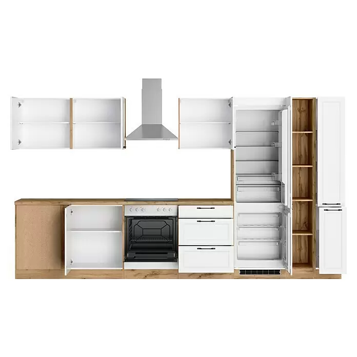 Held Möbel Winkelküche Padua Typ 3 - B x T: 360 x 240 cm, Weiß, Mit Elektrogeräten - Moderne Küche mit weißen Holzschränken, Edelstahl-Dunstabzugshaube, Einbaubackofen und offenem Kühlschrank.