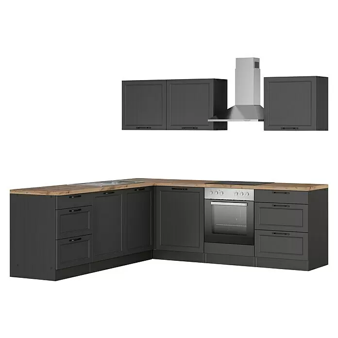 Held Möbel Winkelküche Padua Typ 2 - B x T: 240 x 240 cm, Grau, Mit Elektrogeräten - L-förmige dunkelgraue Küche mit heller Holzplatte, Spüle, Backofen, Kochfeld, Dunstabzugshaube und Oberschränken.