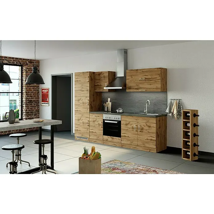 Held Möbel Küchenleerblock Barolo Typ 3 - Breite: 270 cm, Wotaneiche, Farbe Korpus: Wotaneiche, Ohne Elektrogeräte - Moderne Küche mit Holzfronten, Edelstahlgeräten und Bartisch. Die Küche bietet viel Stauraum und eine stilvolle Arbeitsfläche.
