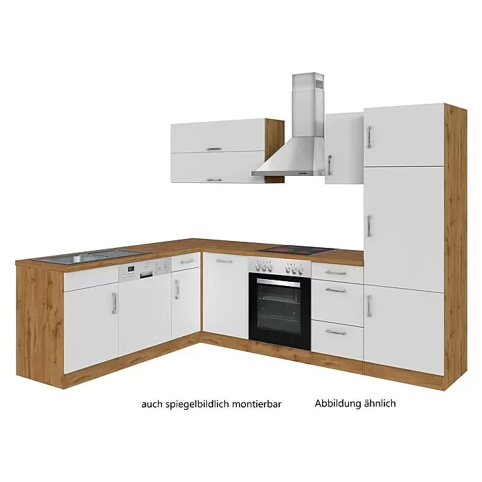 Held Möbel Winkelküche Barolo Typ 5 - B x T: 210 x 270 cm, Weiß, Wotaneiche, Mit Elektrogeräten - L-förmige Küchenzeile mit weißen Fronten, Arbeitsplatte in Holzoptik und integrierten Geräten: Spüle, Geschirrspüler, Backofen, Kochfeld, Dunstabzugshaube.