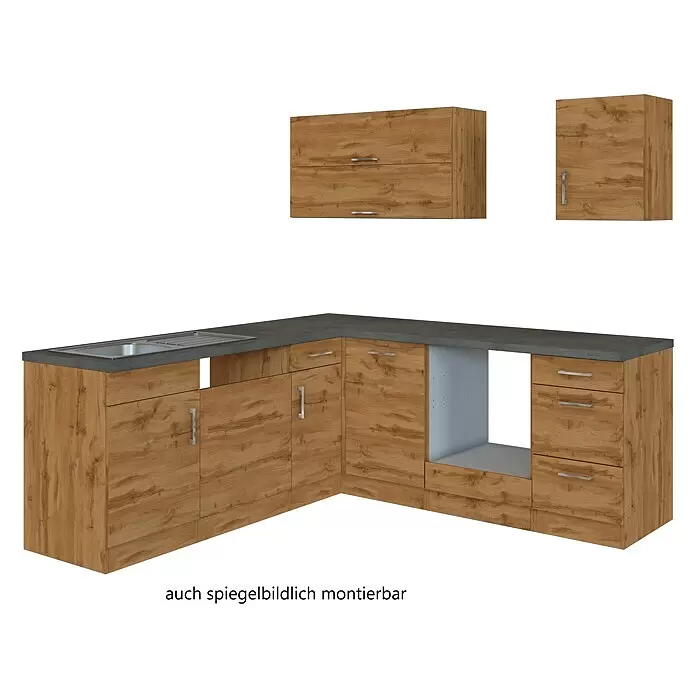 Held Möbel Küchenleerblock Barolo Typ 2 - 210 x 210 cm, Wotaneiche, Farbe Korpus: Wotaneiche, Ohne Elektrogeräte - Eckküchenzeile in Holzoptik mit dunkler Arbeitsplatte, Spüle, Unter- und Oberschränken sowie Gerätefach. Spiegelbildlich montierbar.