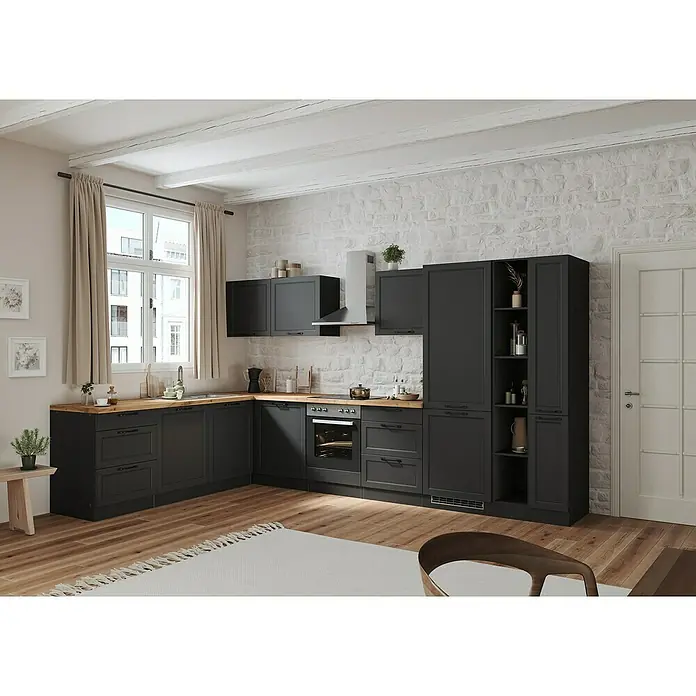 Held Möbel Küchenleerblock Padua Typ 2 - 240 x 360 cm, Grau, Ohne Elektrogeräte - Küchenansicht mit grauen Schränken, Holzplatte, weißer Wand und Holzboden. Die Küche wirkt einladend und modern.