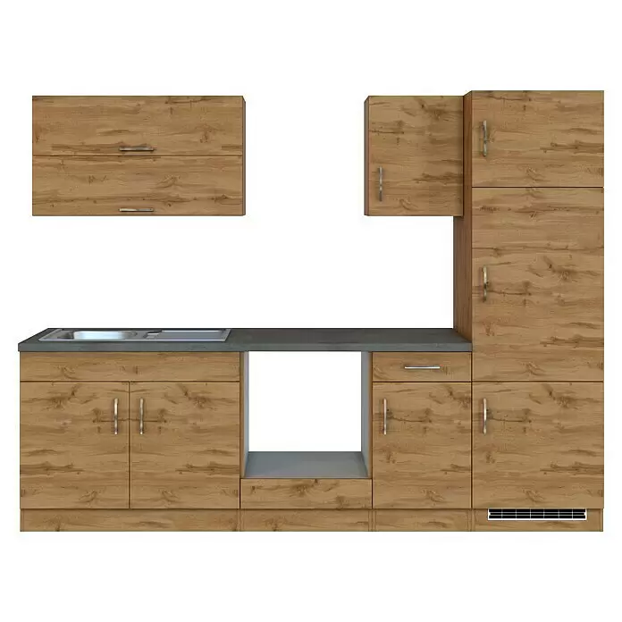 Held Möbel Küchenleerblock Barolo Typ 3 - Breite: 270 cm, Wotaneiche, Farbe Korpus: Wotaneiche, Ohne Elektrogeräte - Modulare Küchenzeile aus hellem Holz mit dunkler Arbeitsplatte, integrierter Spüle und Platz für Geräte.