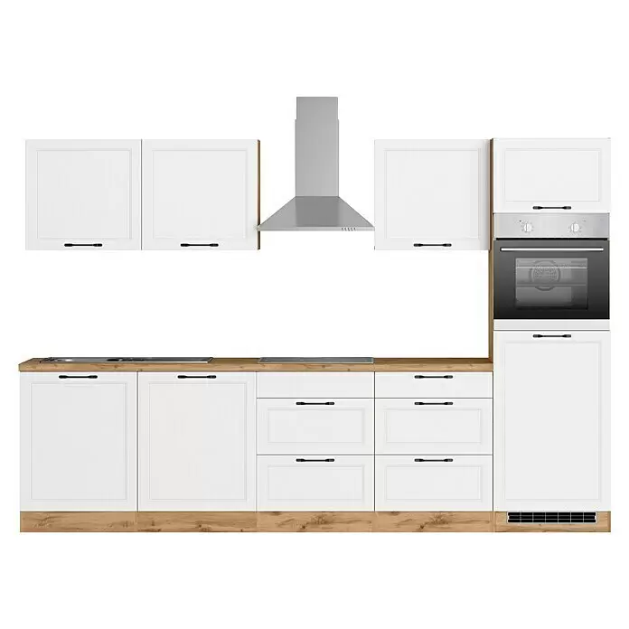 Held Möbel Küchenzeile Padua Typ 1 - Breite: 300 cm, Weiß, Induktionskochfeld, Mit Elektrogeräten - Moderne weiße Küche mit Holztheke, integriertem Backofen, Kochfeld und Dunstabzugshaube aus Edelstahl.