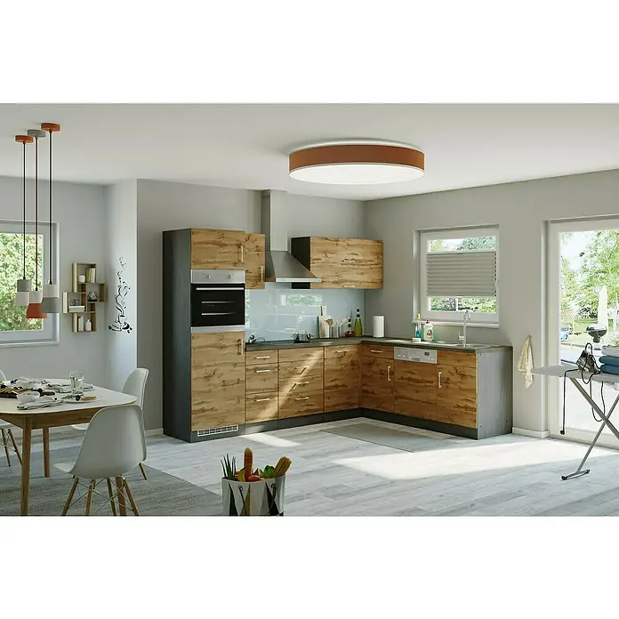 Held Möbel Winkelküche Barolo Typ 4 - B x T: 210 x 270 cm, Farbe Front: Wotaneiche, Anthrazit, Mit Elektrogeräten - Moderne Küche mit Holzelementen, zentraler Deckenleuchte und Essbereich. Helle und freundliche Atmosphäre mit modernem Design.