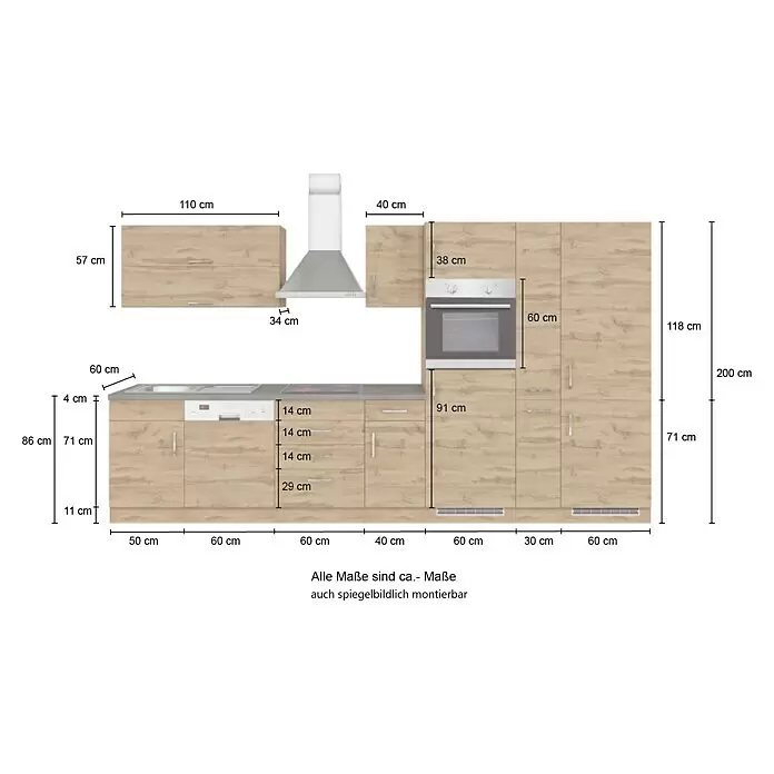 Held Möbel Küchenleerblock Barolo Typ 1 - Breite: 360 cm, Anthrazit, Ohne Elektrogeräte, Wotaneiche - L-förmige Küchenzeile in heller Holzoptik mit integriertem Backofen, Kochfeld, Dunstabzugshaube und Geschirrspüler. Maße sind dargestellt.