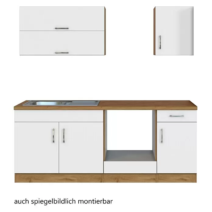 Held Möbel Küchenleerblock - Breite: 210 cm, Weiß, Farbe Korpus: Wotaneiche, Ohne Elektrogeräte - Modulare Küchenzeile mit weißen Fronten, Holz-Arbeitsplatte und integriertem Edelstahlspülbecken.