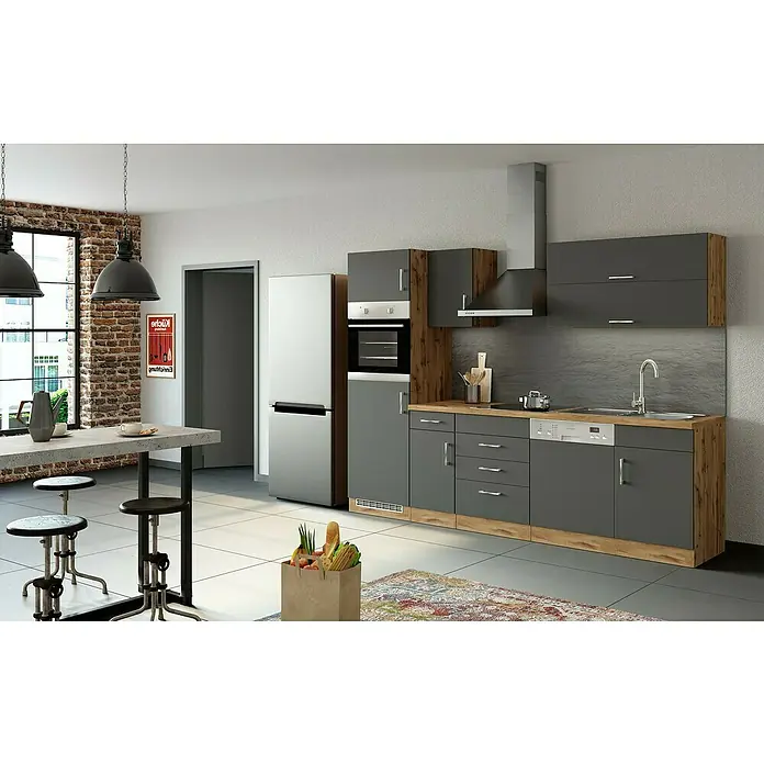 Held Möbel Küchenleerblock Barolo Typ 6 - Breite: 270 cm, Anthrazit, Mit Elektrogeräten, Farbe Korpus: Wotaneiche - Diese moderne Küche verfügt über graue Schränke, eine Kücheninsel mit Barhockern und Backsteinakzente. Die Geräte sind aus rostfreiem Stahl.
