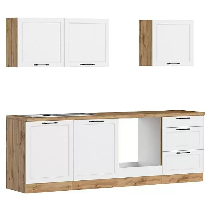 Held Möbel Küchenleerblock Padua - Breite: 240 cm, Weiß, Ohne Elektrogeräte - Weiße Küchenschränke mit Holz-Arbeitsplatte und Akzenten. Mit Ober- und Unterschränken, integrierter Spüle/Kochfeld und Schubladen.