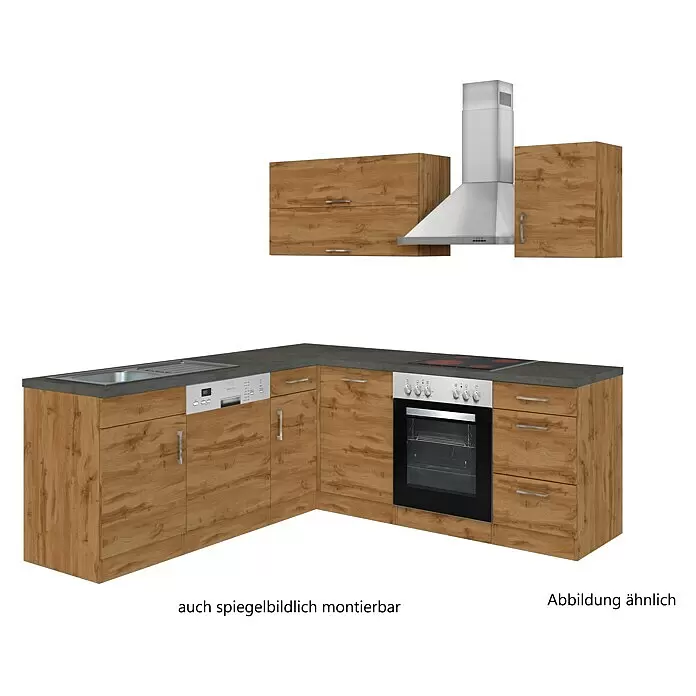 Held Möbel Winkelküche Barolo Typ 3 - B x T: 210 x 210 cm, Wotaneiche, Wotaneiche, Mit Elektrogeräten - Eckküchenzeile mit hellen Holzfronten, dunkler Arbeitsplatte, Spüle, Geschirrspüler, Backofen, Kochfeld und Dunstabzugshaube.