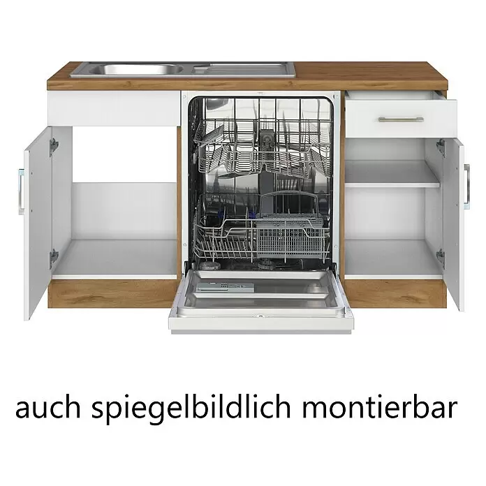 Held Möbel Winkelküche Barolo Typ 4 - B x T: 210 x 270 cm, Farbe Front: Weiß, Wotaneiche, Mit Elektrogeräten - Weißer Küchenunterschrank mit Holzoptik-Arbeitsplatte, integrierter Spüle, geöffnetem Geschirrspüler und offenen Schränken.