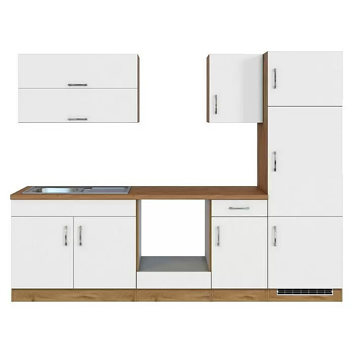 Held Möbel Küchenleerblock Barolo Typ 3 - Breite: 270 cm, Weiß, Farbe Korpus: Wotaneiche, Ohne Elektrogeräte - Modulare Küchenzeile mit weißen Schränken, Holz-Arbeitsplatte und integriertem Spülbecken.