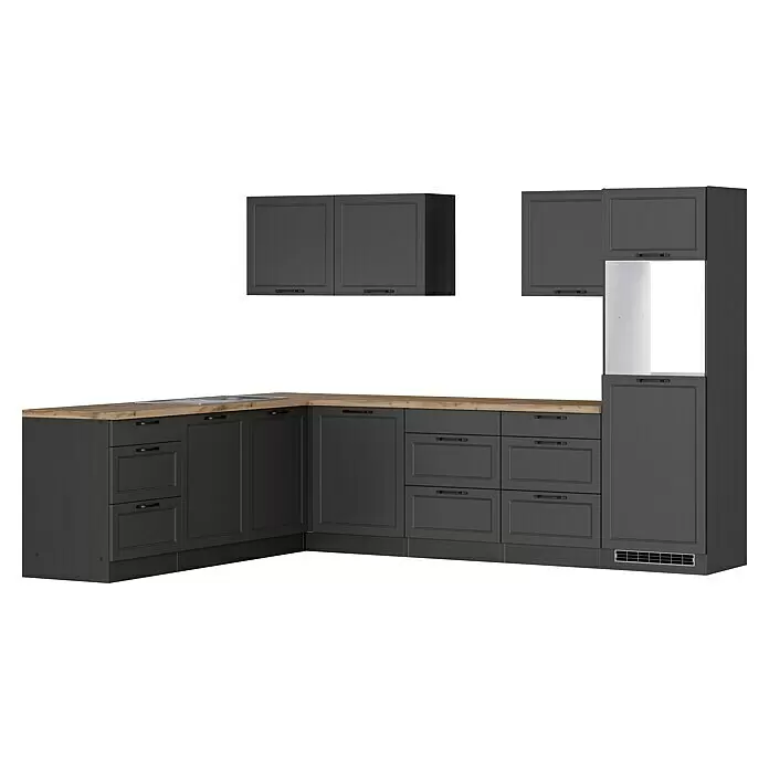 Held Möbel Küchenleerblock Padua Typ 1 - 240 x 300 cm, Grau, Ohne Elektrogeräte - L-förmige dunkelgraue Küche mit Holzplatte, Oberschränken, Unterschränken und einem Einbaugerätehochschrank.