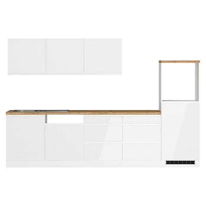 Held Möbel Küchenleerblock Treviso Typ 2 - Breite: 300 cm, Weiß, Farbe Arbeitsplatte: Wotaneiche, Ohne Elektrogeräte - Moderne weiße Küchenzeile mit Holz-Arbeitsplatte und integriertem Kochfeld.