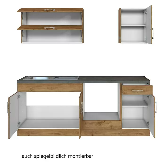 Held Möbel Küchenleerblock - Breite: 210 cm, Wotaneiche, Farbe Korpus: Wotaneiche, Ohne Elektrogeräte - Küchenzeilen-Schränke in Holzoptik: Unterschrank mit Spüle und dunkler Arbeitsplatte, sowie zwei Oberschränke. Auch spiegelbildlich montierbar.