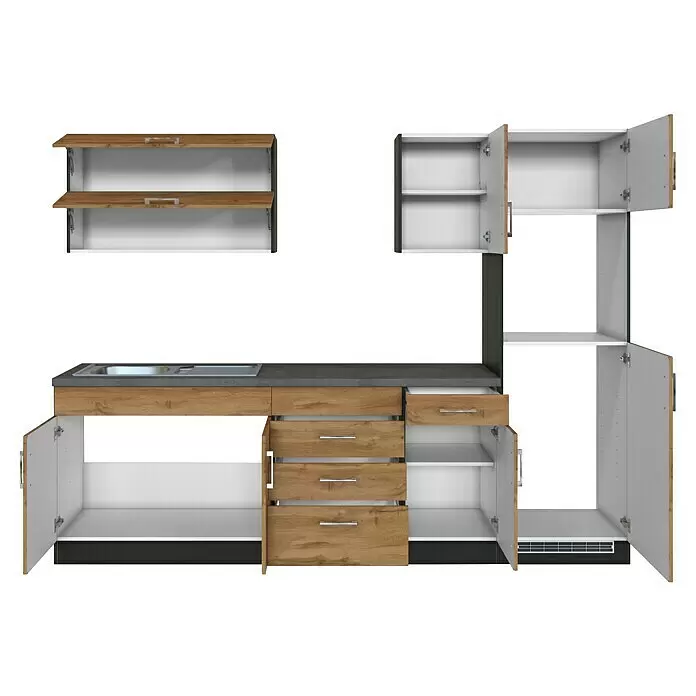 Held Möbel Küchenleerblock Barolo Typ 1 - Breite: 270 cm, Wotaneiche, Farbe Korpus: Graphitgrau, Ohne Elektrogeräte - Modulare Küchenzeile in hellem Holz und Grau mit offenen Schränken, Schubladen und Spülbecken.