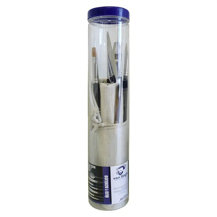 Talens Van Gogh Set de pinceles de cerdas óleo y acrílico - 6 pzs. - Set de pinceles Van Gogh en envase de plástico transparente con tapa azul, ideal para pintura al óleo y acrílica.