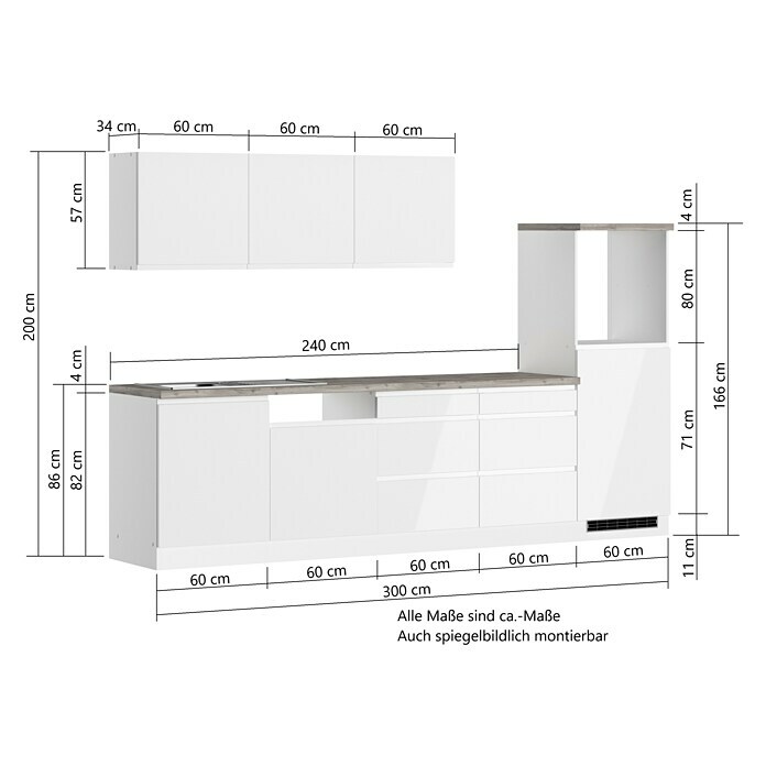 Held Möbel Küchenleerblock Treviso Typ 1 (Breite: 300 cm, Weiß, Dekor Arbeitsplatte: Betonoptik, Ohne Elektrogeräte, Für Side-by-Side Kühlschrank) | BAUHAUS