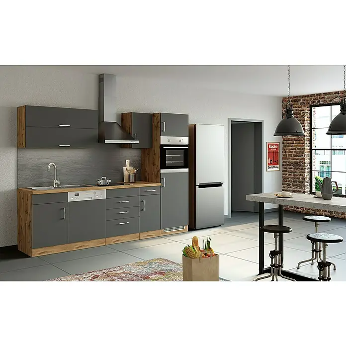 Held Möbel Küchenleerblock Barolo - Breite: 270 cm, Anthrazit, Farbe Korpus: Wotaneiche, Ohne Elektrogeräte - Helle und moderne Küche mit grauen Schränken, einer Dunstabzugshaube und einer Kochinsel mit Barhockern. Eine stilvolle und funktionale Küche.