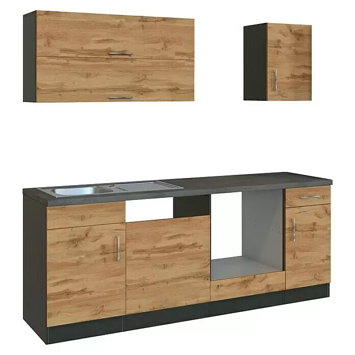 Held Möbel Küchenleerblock Barolo Typ 2 - Breite: 210 cm, Wotaneiche, Farbe Korpus: Graphitgrau, Ohne Elektrogeräte - Modulküche mit hellen Holzfronten, dunkelgrauer Arbeitsplatte und Seiten, inklusive Spüle.