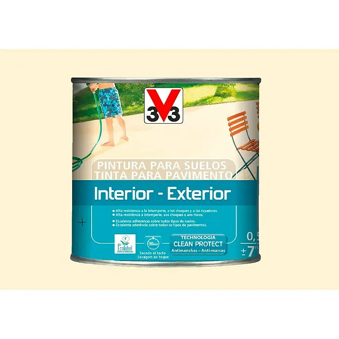 V33 Barniz para suelos Interior-Exterior - Arena, Satinado, 2,5 l, Base de agua - Imagen de una lata de pintura para suelos Interior-Exterior 3V3 con tecnología Clean Protect, resistente a las manchas y duradera.